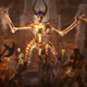 A massive skeleton king looms over a group of armed adventurers. He is very evil.
